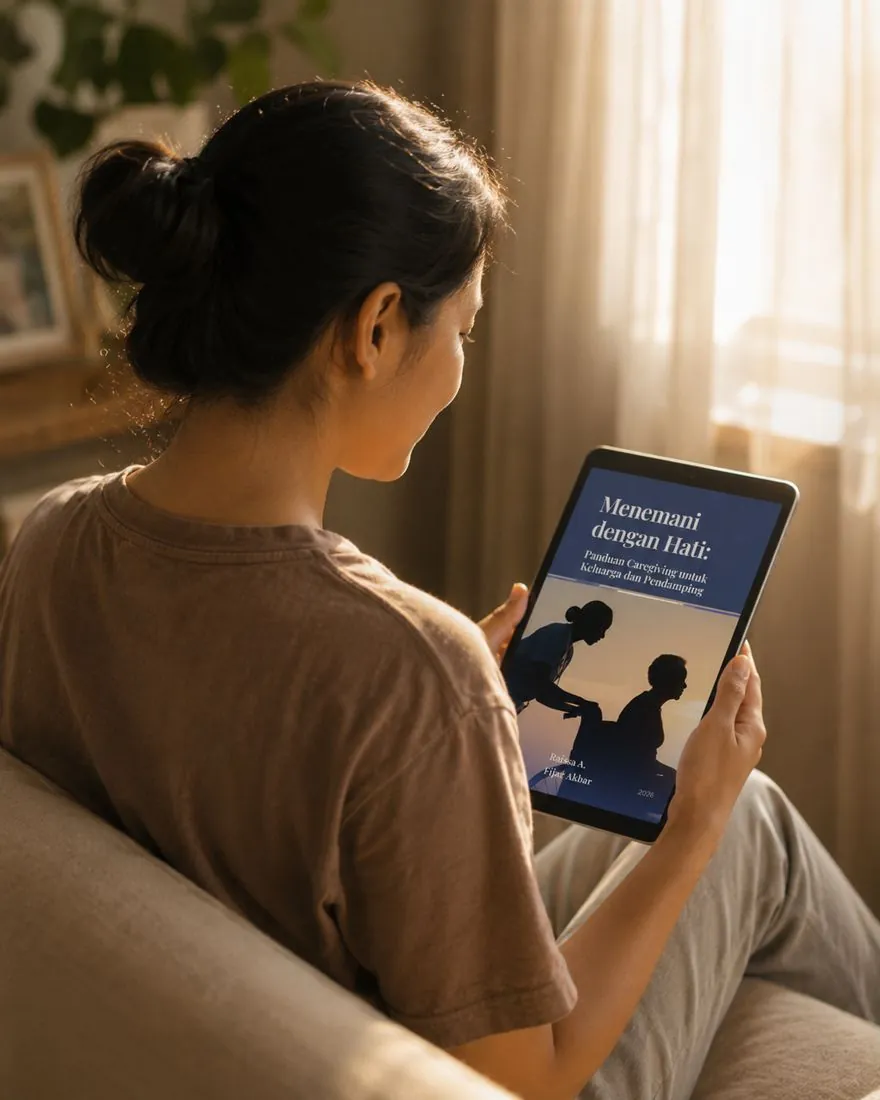 Seorang caregiver membaca Menemani Dengan Hati di tablet