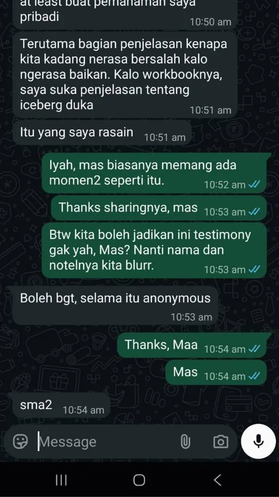 Chat WhatsApp pembaca: izin dijadikan testimoni secara anonim